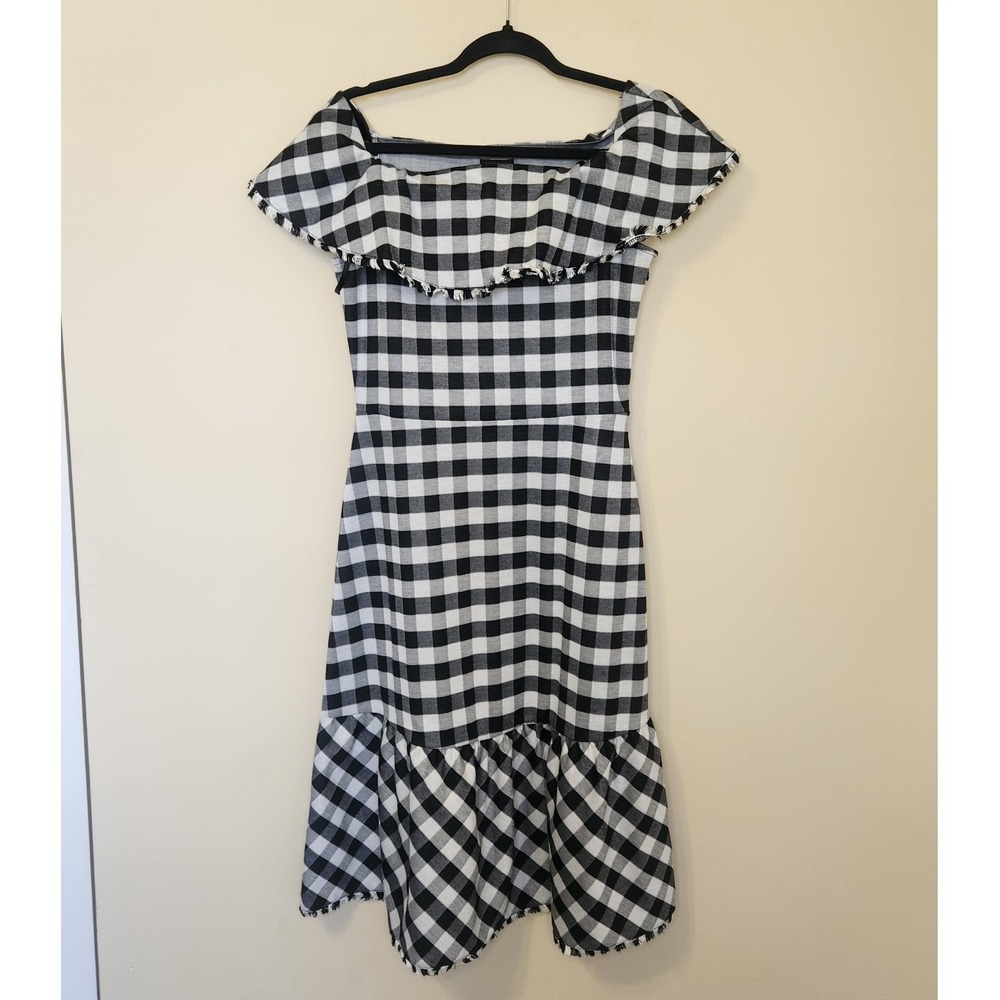 Ann Taylor Gingham Off Shoulder Ruffle Sheath Dress Black White Size 2 NWT - Picture 2 of 8